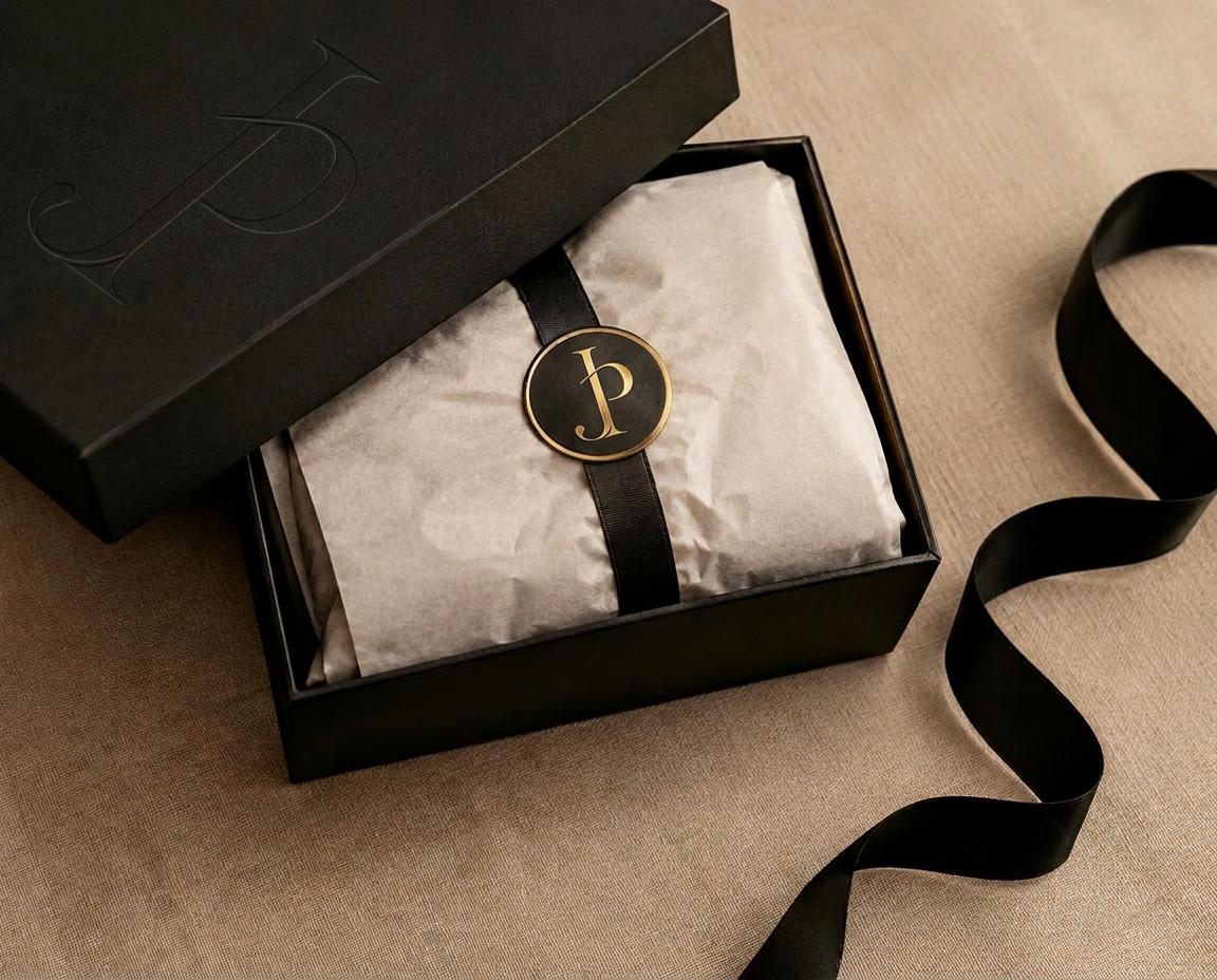 Black embossed box with ribbon and gold-foil JP seal